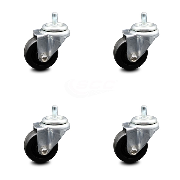 3 Inch Polyolefin Wheel with 1/2 in - 13 x 1 in Threaded Stem Swivel Caster, 4PK